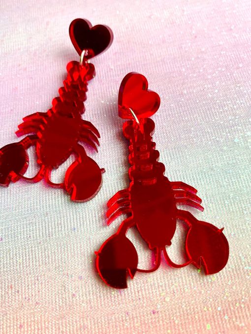 Røde hummer øreringe med hjerte vedhæng perfekte love lobsters til valentines dag
