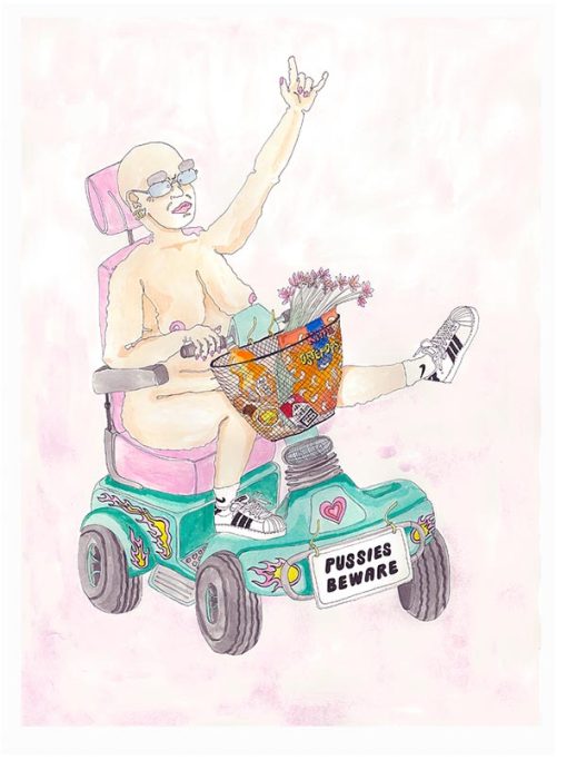 A2 illustration i pastelfarver og motivet af en glad scooter girl med hendes kurv fyldt med alle hendes favoritter fra supermarkedet