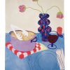 Illustration af blåt middagsbord med en stor portion spaghetti og et glas rødvin tegnet af tyske Frauke