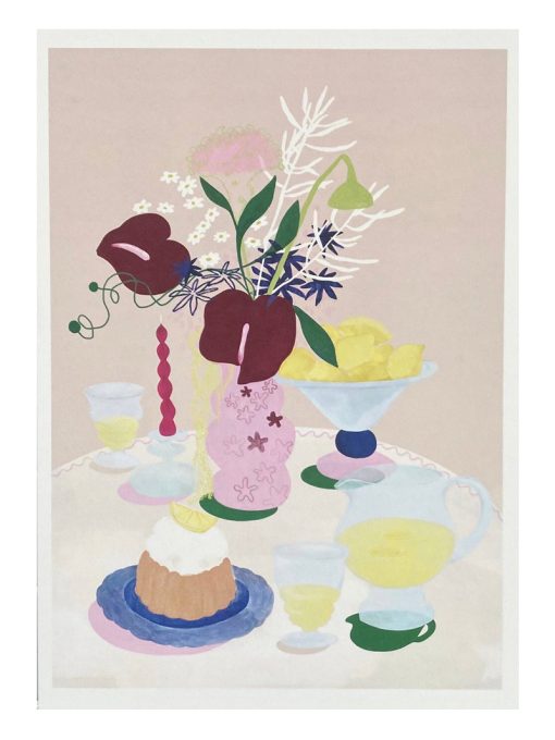 Illustration af Borddækning med lemonade, kage og den fineste blomster buket. Illustreret af tyske Frauke