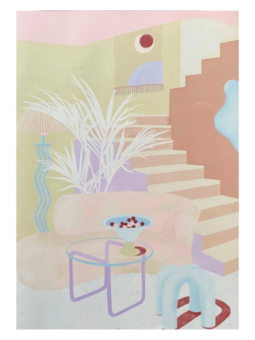Stor Illustration af pastelfarvet stue i meget lyse farver lavet af Tyske Frauke