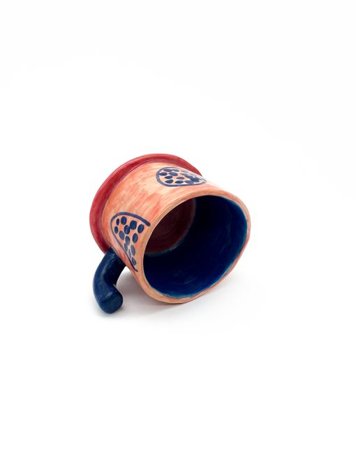 Ceramic cup from Rebu Ceramics with alternative handle in pink and blue with pattern