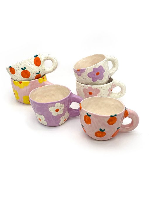 Pansy Ceramics håndlavede keramik kopper med blomster og appelsiner i forskellige farver
