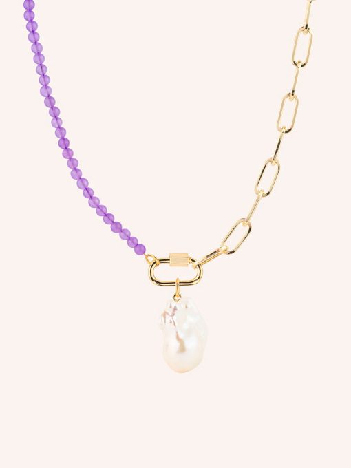 house of Vincent halskæde med lilla perler og chunky forgyldt kæde med stort perlevedhæng
