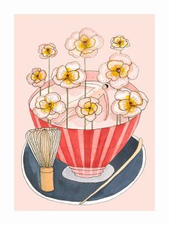matcha Bath plakat fra Krull Studio. Forestiller en stor skål matcha med smukke blomster der vokser ud af skålen. Her er der tydelige referencer til traditionelle japanske essentials