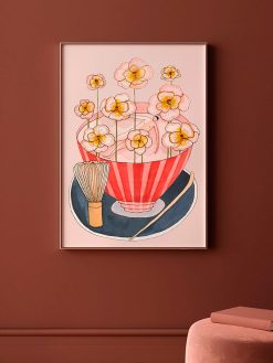matcha Bath plakat fra Krull Studio. Forestiller en stor skål matcha med smukke blomster der vokser ud af skålen. Her er der tydelige referencer til traditionelle japanske essentials