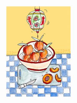 Peach blue tiles plakat fra Krull Studio. En plakat med lækre orange ferskner på et ternet køkkenbord og en japansk rislampe ovenover.