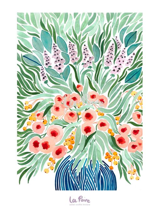 A3 plakat af en stor fyldig farverig buket blomster i en mørkeblå vase fra La Poire